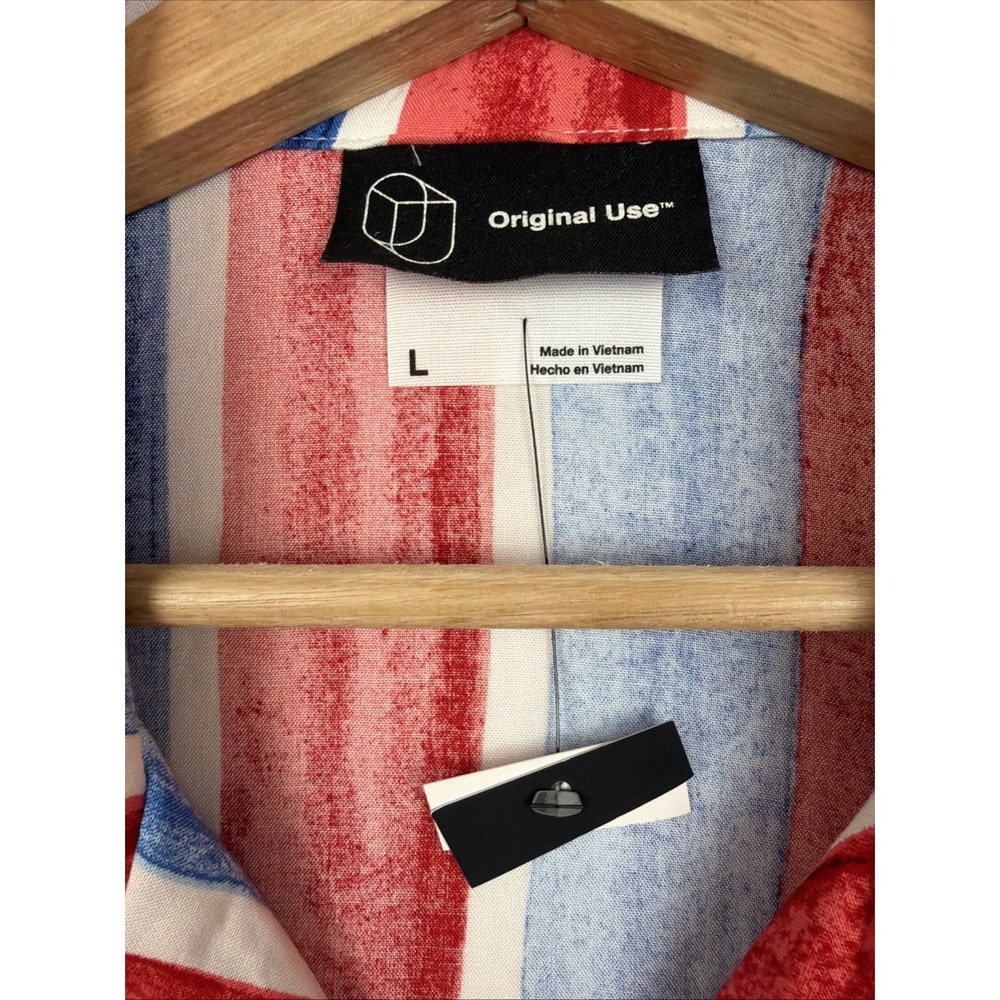 New Original Use Mens 100% Rayon Striped Button Down Shirt Size L Red White Blue - Picture 8 of 11